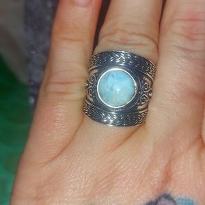 Wide Band Vintage Style Larimar Ring Size 7
